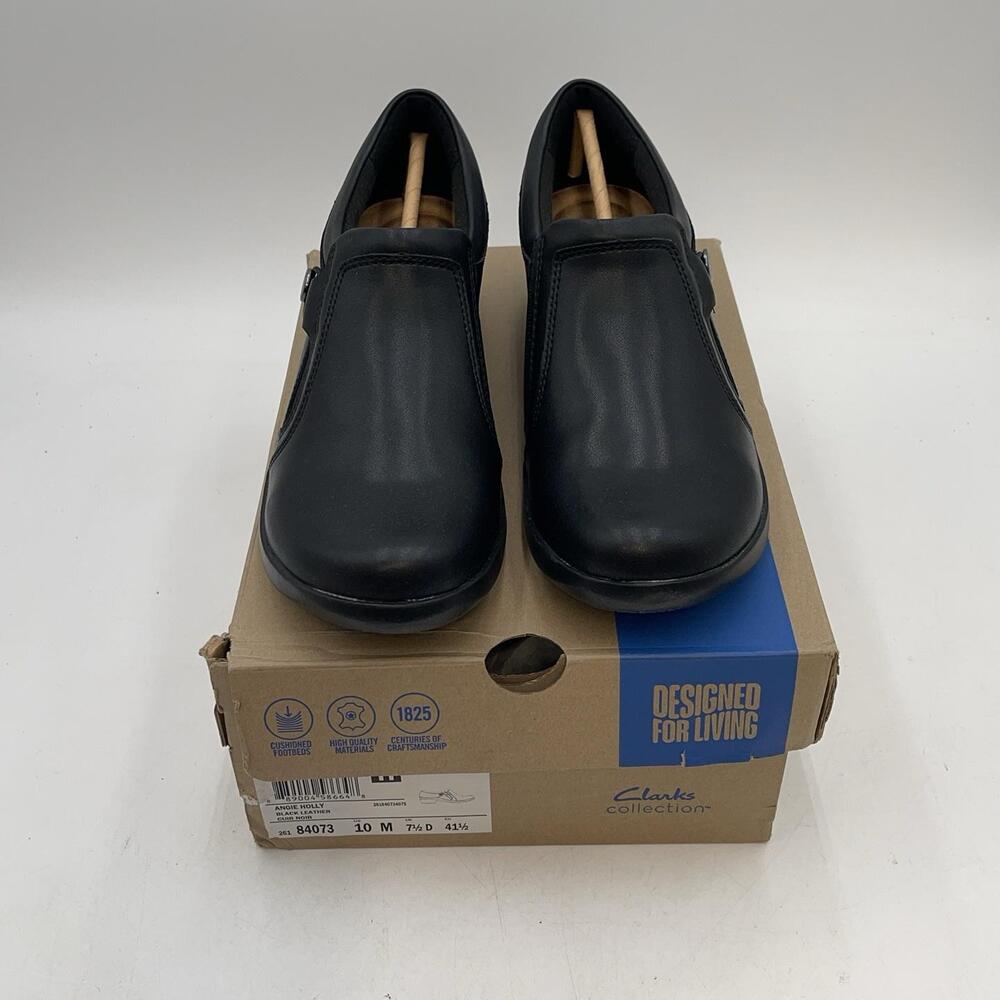 Clarks Angie Holly Shoes Womens Black Leather Zip Slip On Comfort Size 10